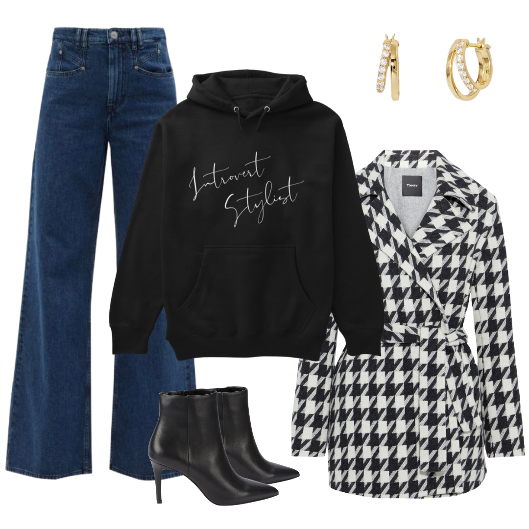introvert stylist sweat shirt from introverted styles t-shirt shop with houndstooth coat denim jeans black booties and gold double hoop earrings
