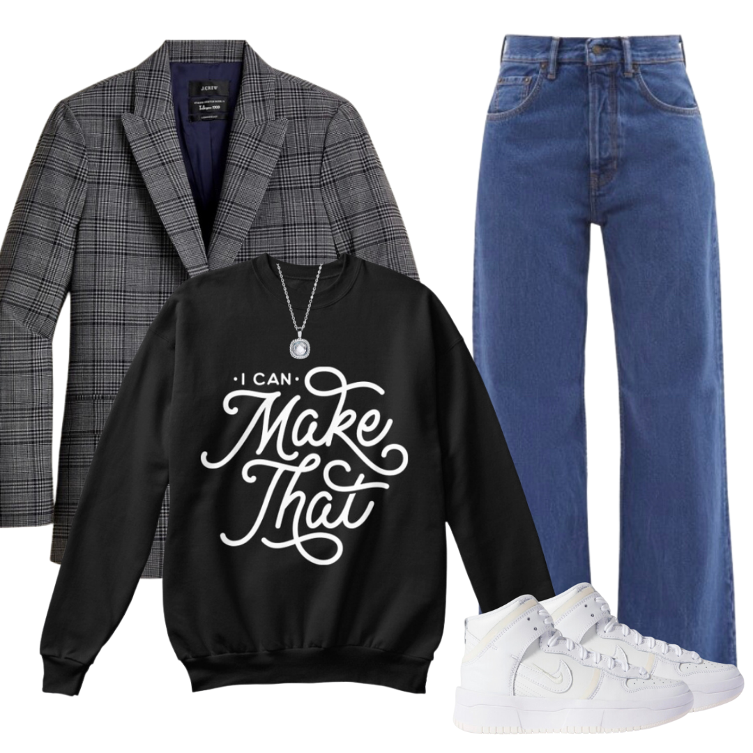 introvert stylist crew neck sweat shirt from introverted styles t-shirt shop with grey blazer denim jeans white air force ones and a silver pendant necklace