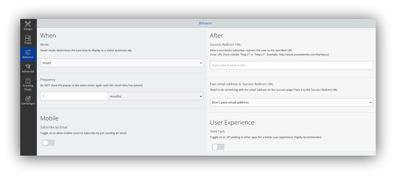 Screenshot of behavior options for a welcome mat on the Sumo dashboard