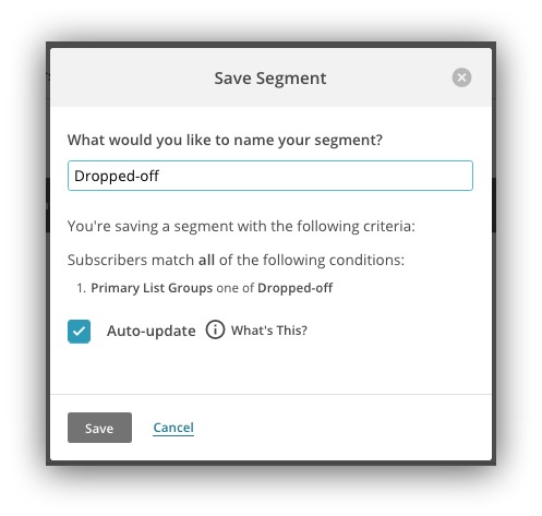 Screenshot showing the save segment menu on the mailchimp dashboard