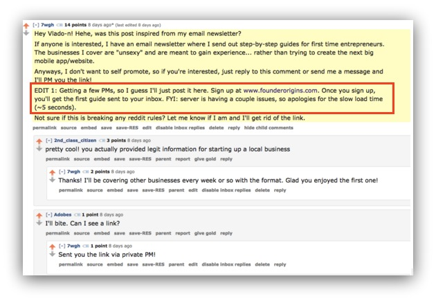 Screenshot Showing A CTA For Email Collection At The End Of Reddit Post