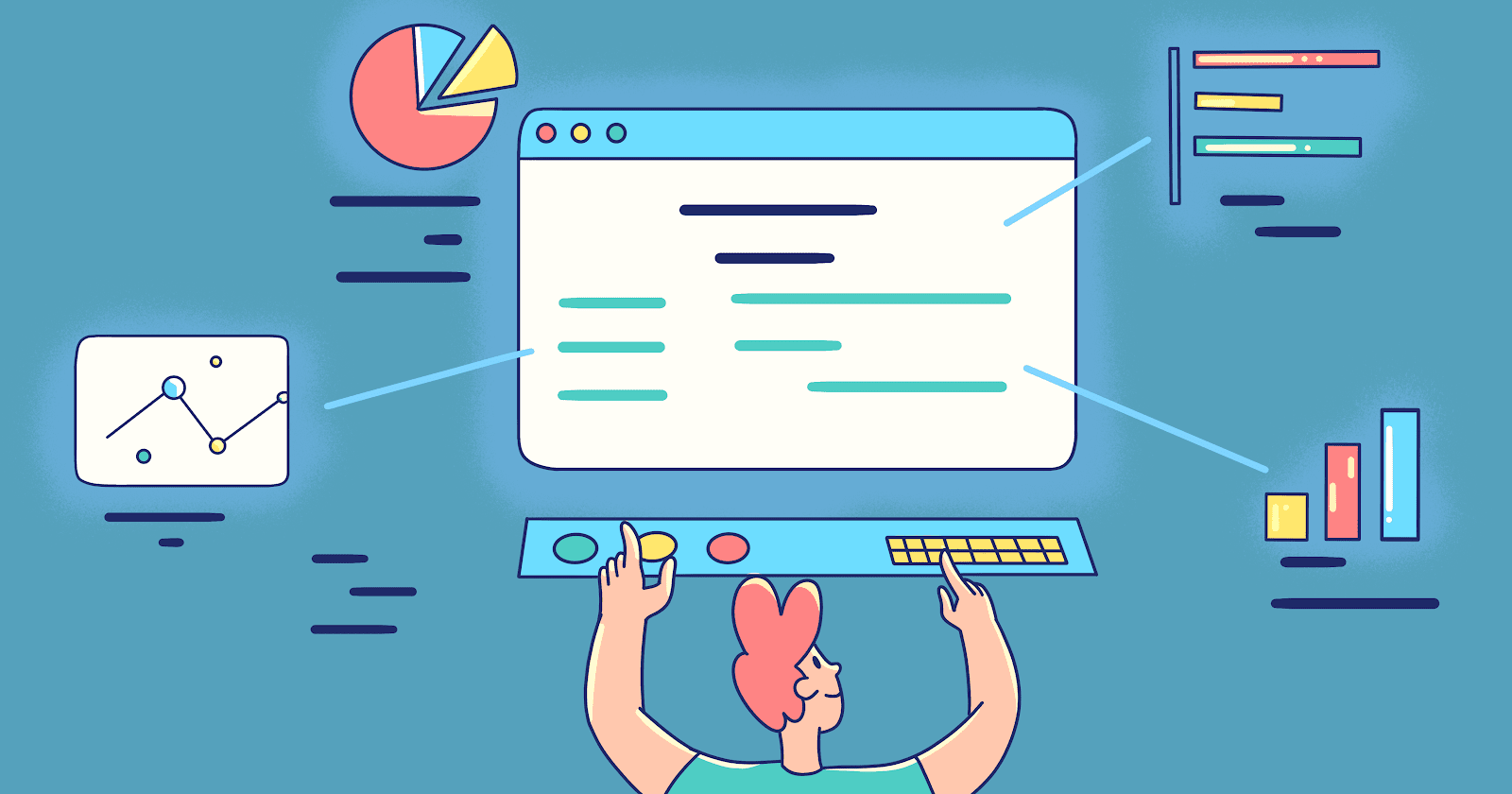  A person is analyzing website metrics on a computer. The metrics include page views, unique visitors, bounce rate, and time on site.