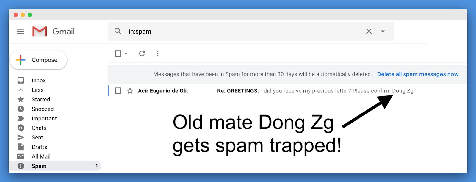 Screenshot showing an example of email that goes to spam