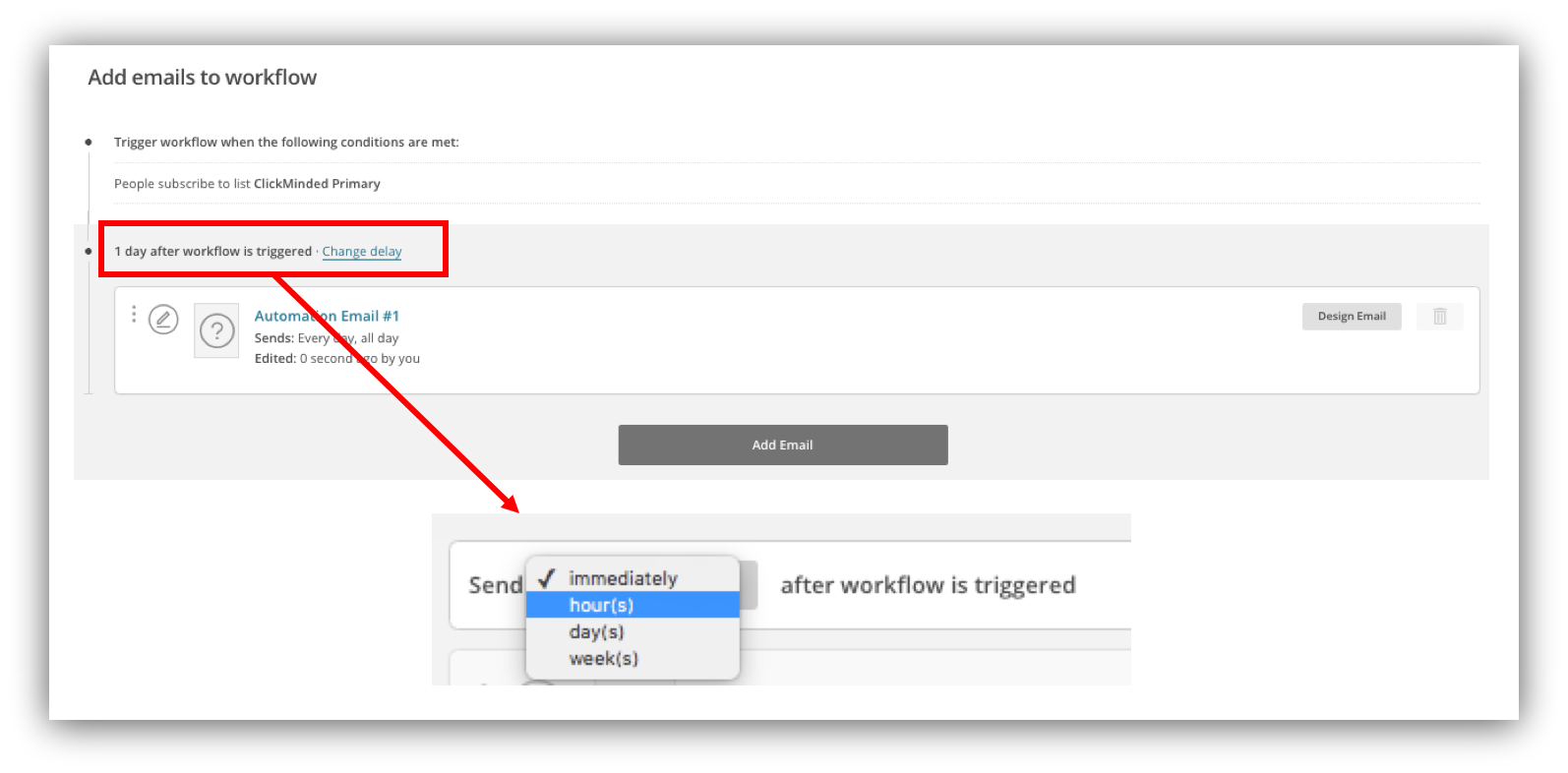 Screenshot showing automation settings on the mailchimp website