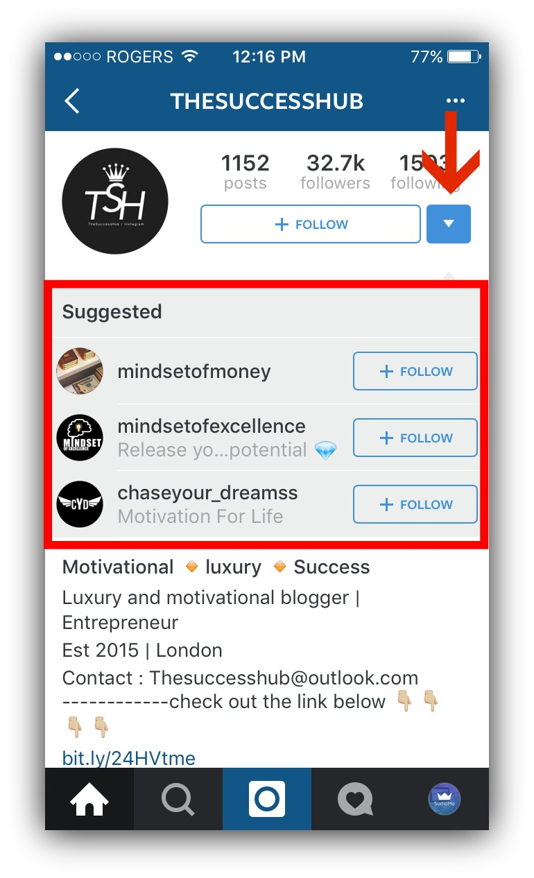 screenshot of the instagram app showing the suggested users section on instagram - follow more than 7500 on instagram