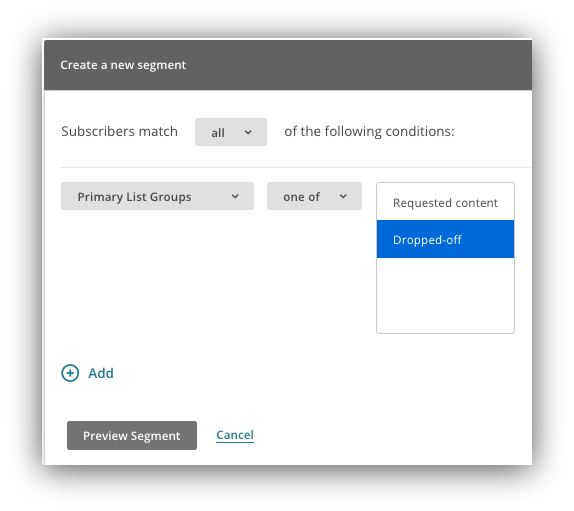Screenshot of the create a new segment section on the mailchimp dashboard