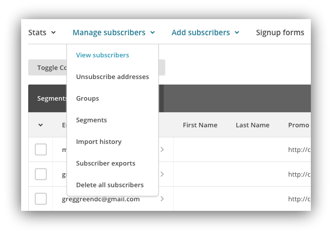Screenshot of the manage subscribers dropdown menu on the mailchimp dashboard
