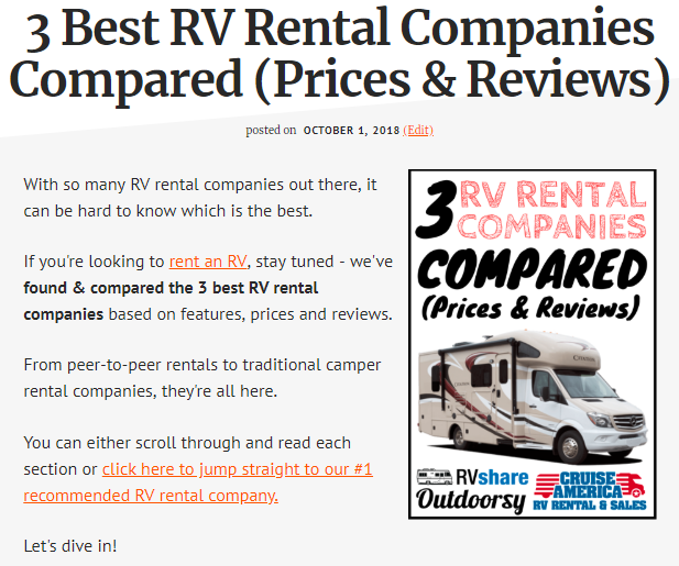 Screenshot showing content about RVs
