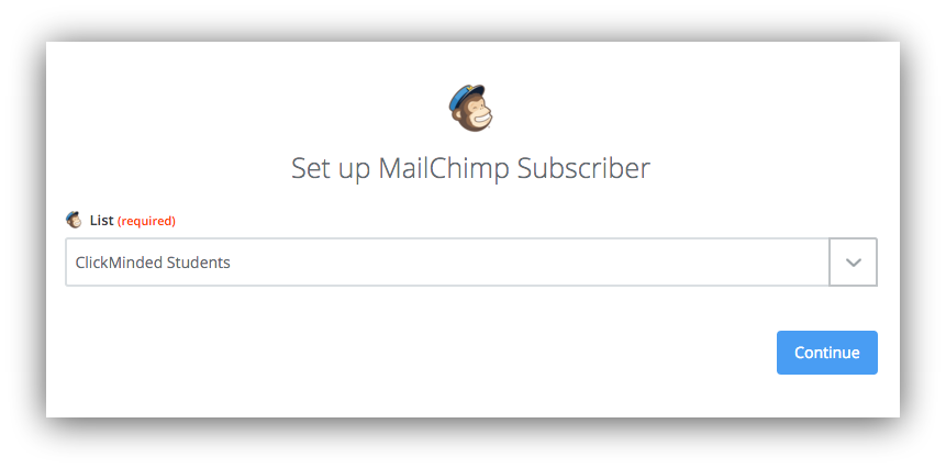 Screenshot showing the Zapier menu for setting up a Mailchimp subscriber
