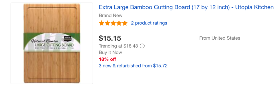 Screenshot of bamboo cutting board search result on eBay